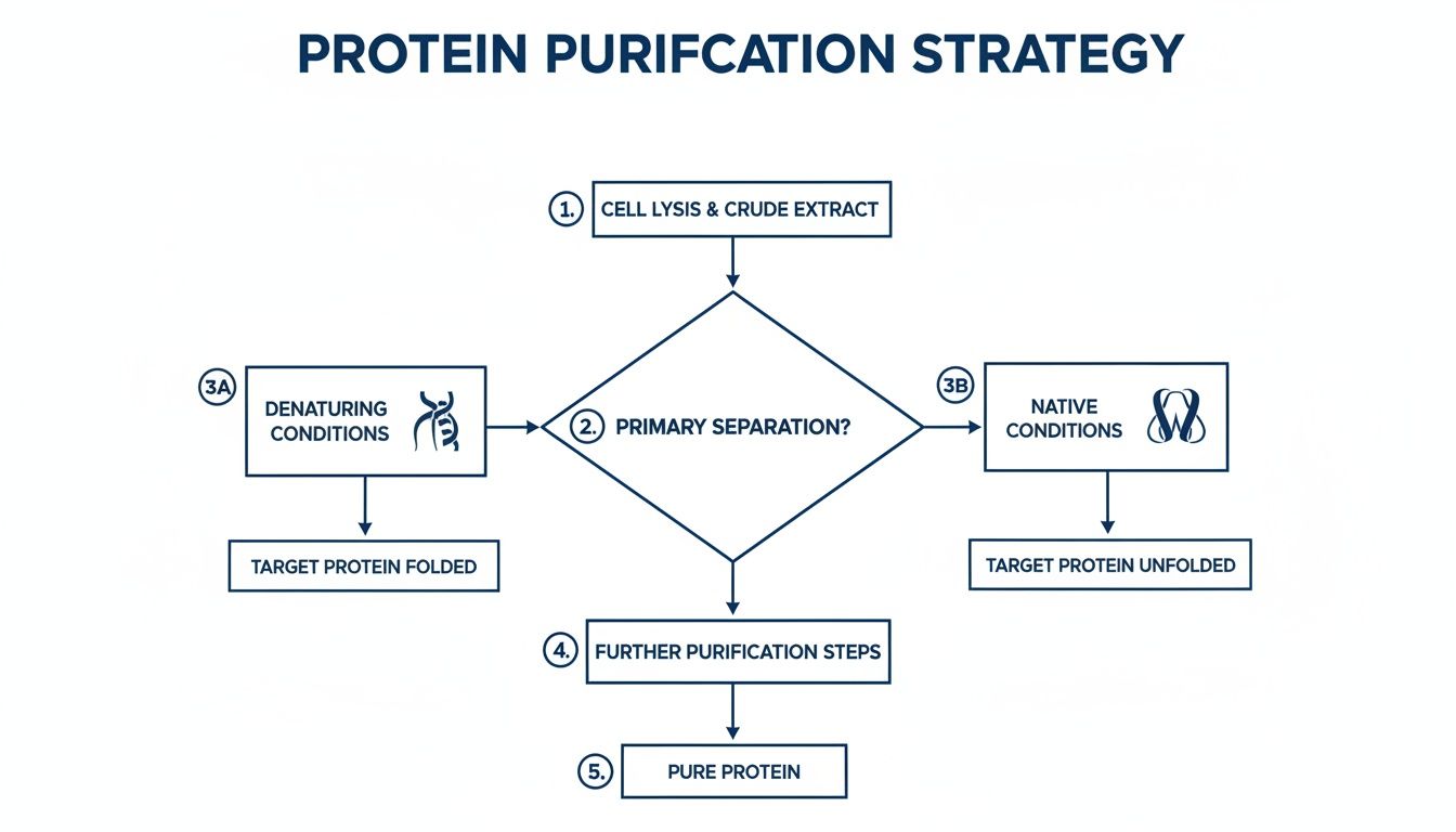 Flowchart detailing a protein purification strategy: cell lysis, primary separation, and further purification to pure protein.