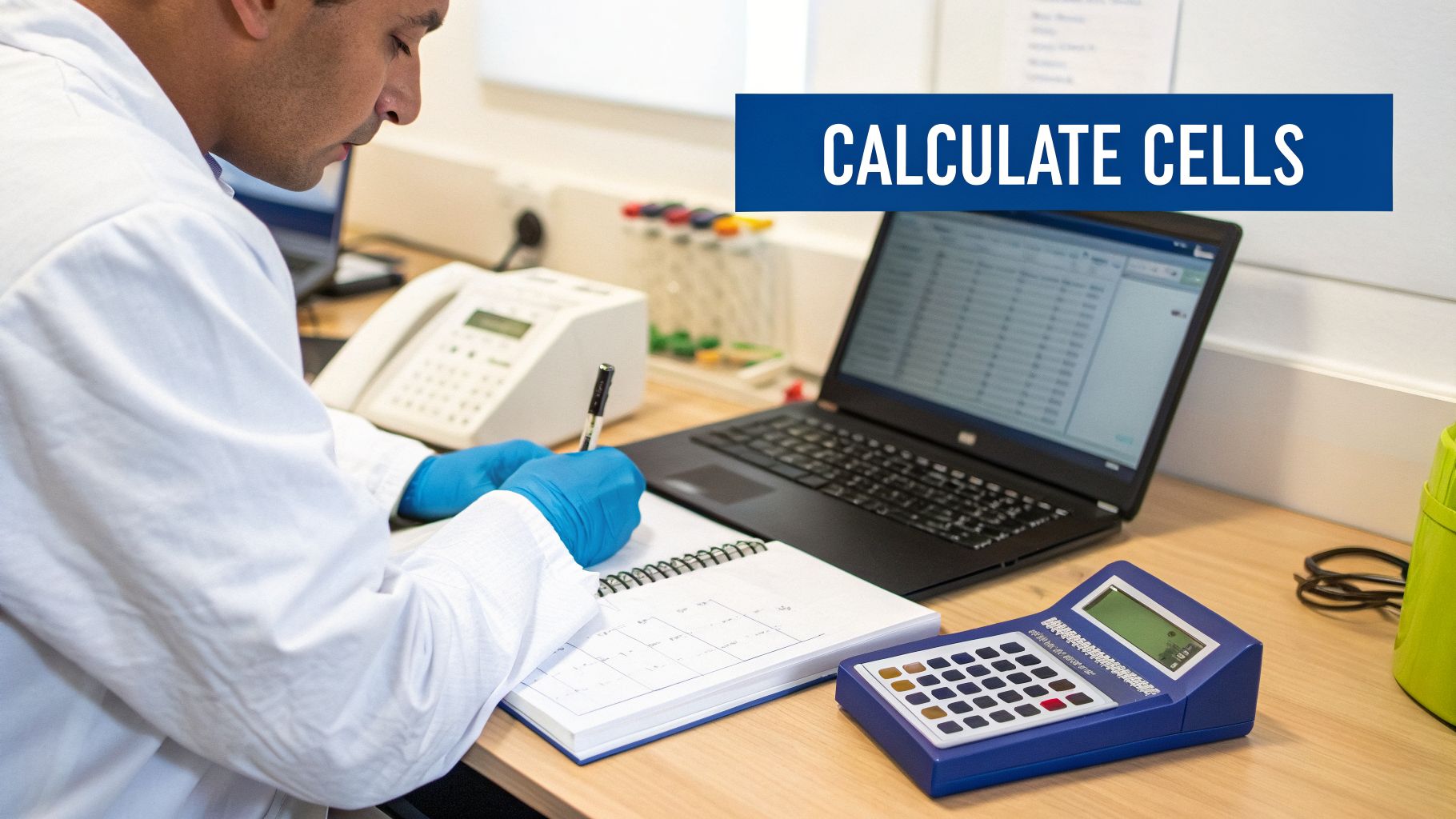 A scientist in a lab coat and blue gloves writes notes, using a cell counter and laptop.