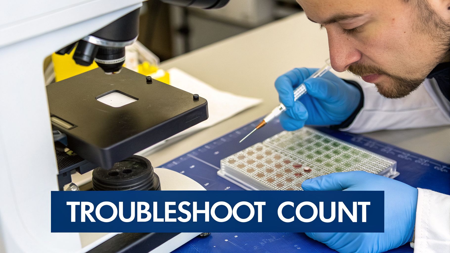 A scientist in blue gloves precisely pipetting samples into a multi-well plate next to a microscope during a lab experiment.
