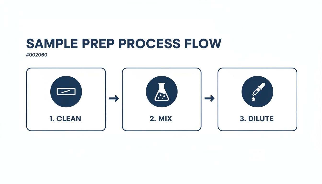 A sample preparation process flow diagram with three steps: clean, mix, and dilute.