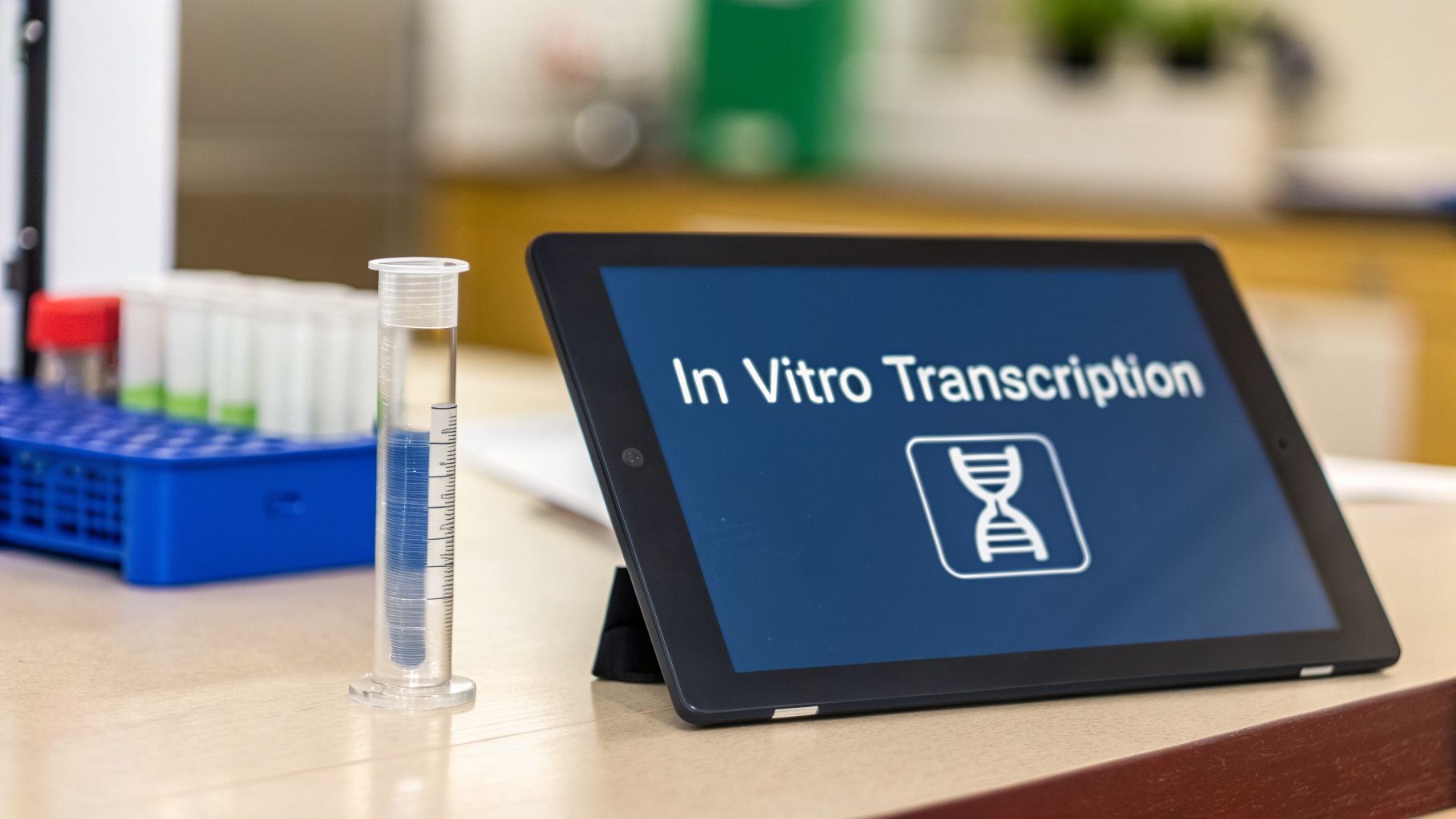 Tablet displaying 'In Vitro Transcription' and DNA icon on a lab bench with a measuring cylinder.