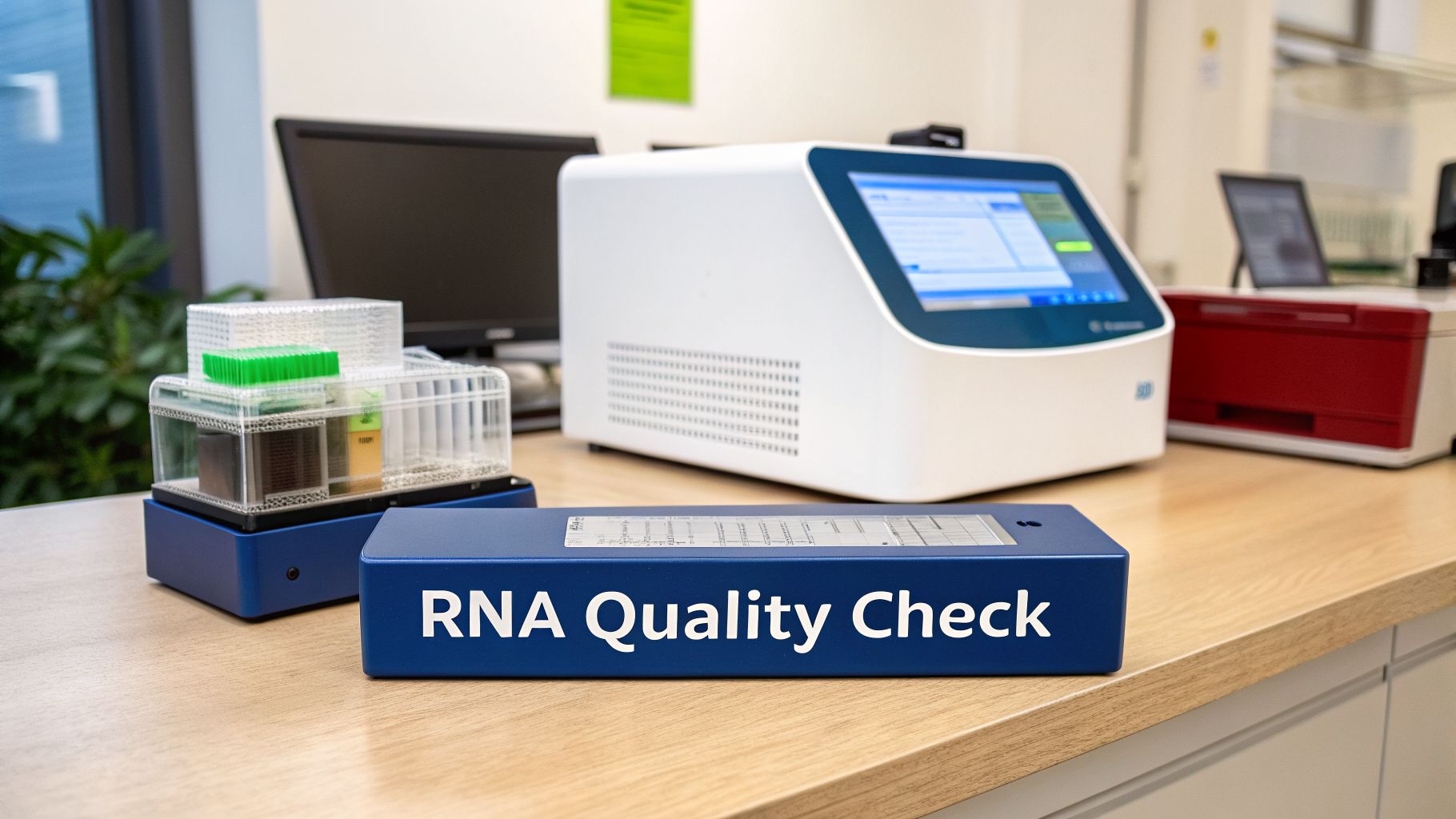 Lab setup with instruments for RNA quality checks and various molecular biology experiments.
