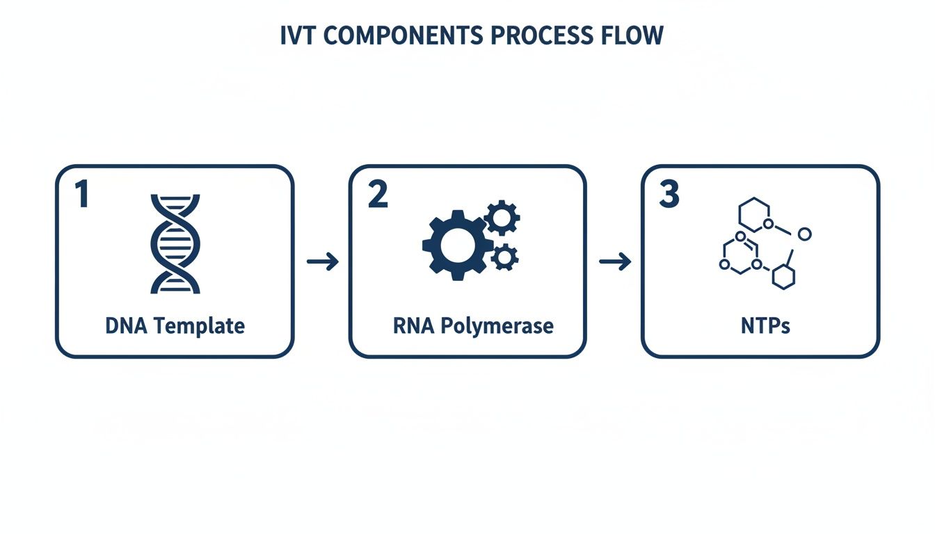 A process flow diagram illustrating the components for in vitro transcription, including DNA template, RNA polymerase, and NTPs.