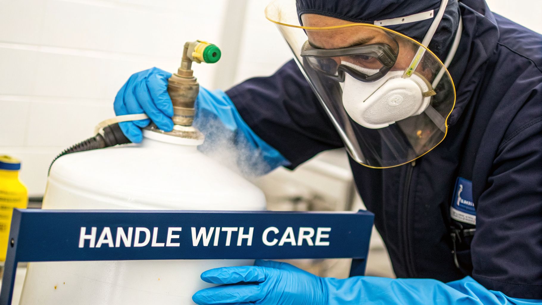 Person in full PPE carefully handles a liquid nitrogen dewar with a 'HANDLE WITH CARE' sign.
