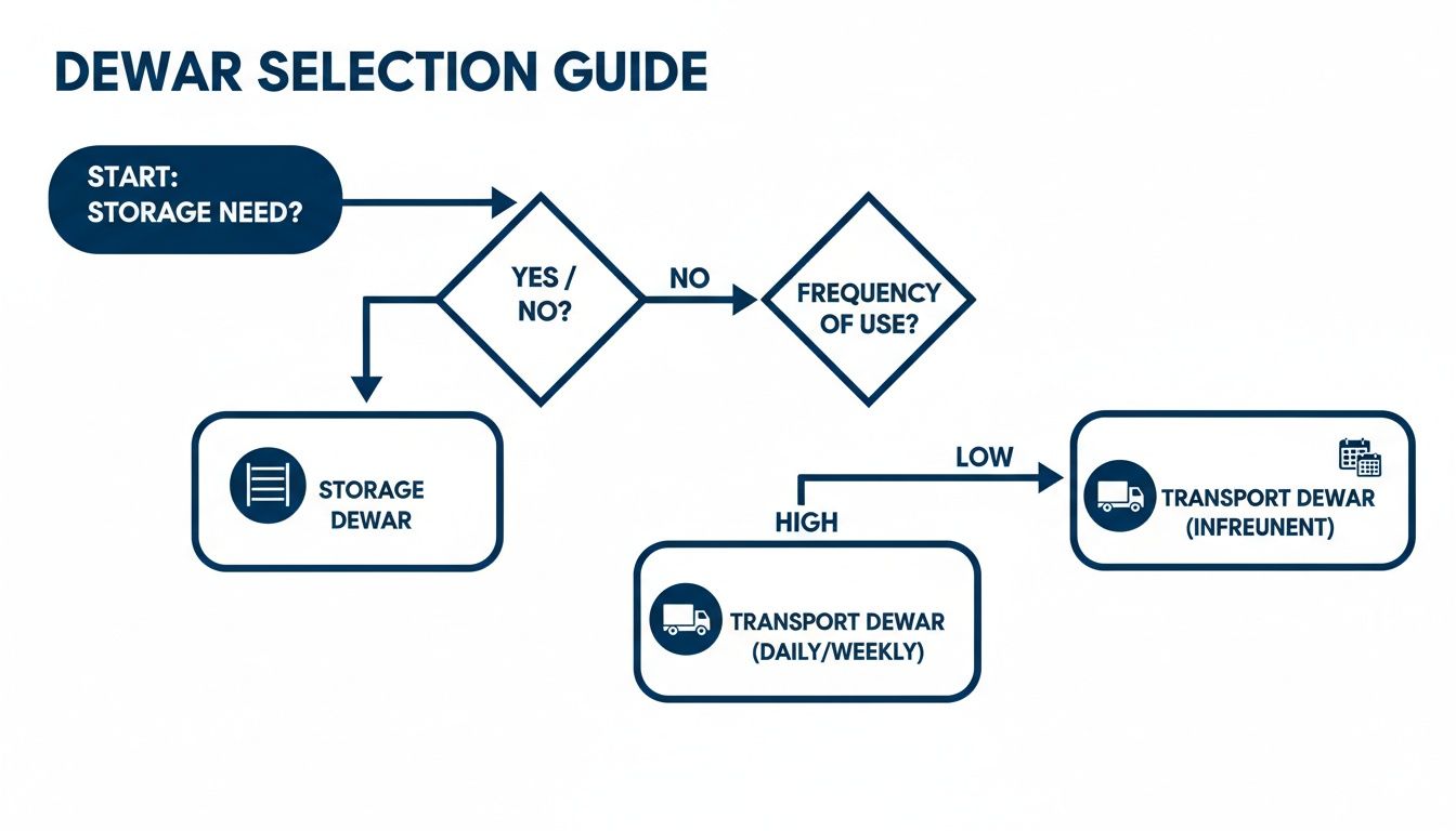 Dewar selection guide flowchart illustrating choices based on storage requirements and usage frequency.