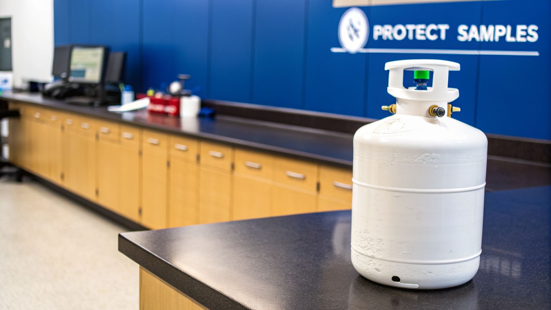 A white liquid nitrogen dewar rests on a dark lab counter with scientific equipment and a blue 'PROTECT SAMPLES' wall.