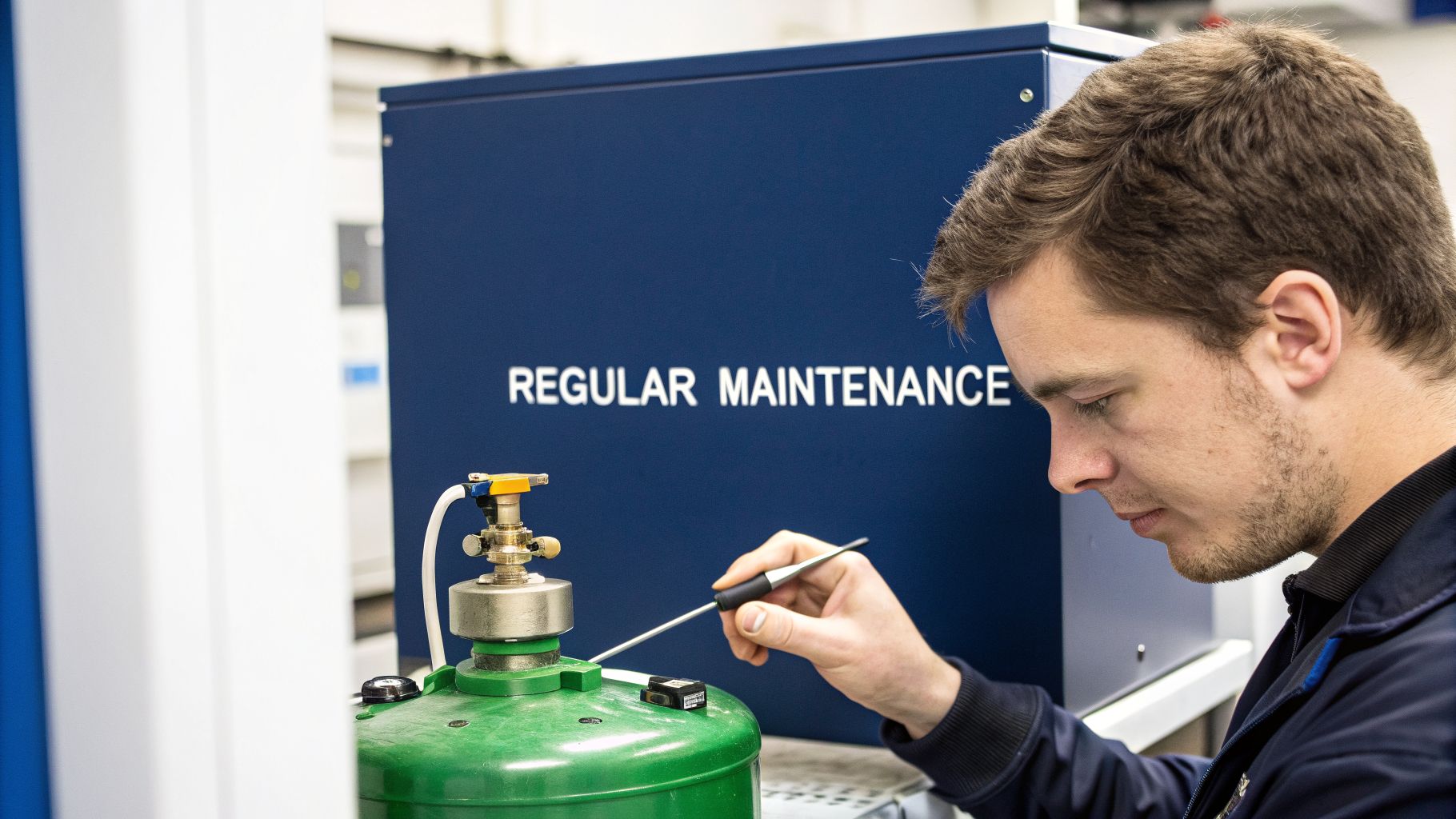 Technician carefully performs regular maintenance on a green liquid nitrogen dewar.