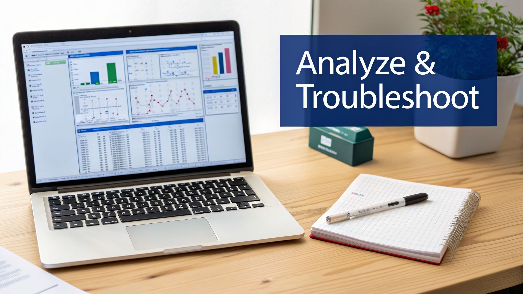 Laptop displaying data charts and graphs on a wooden desk with a notebook, emphasizing analysis and troubleshooting.