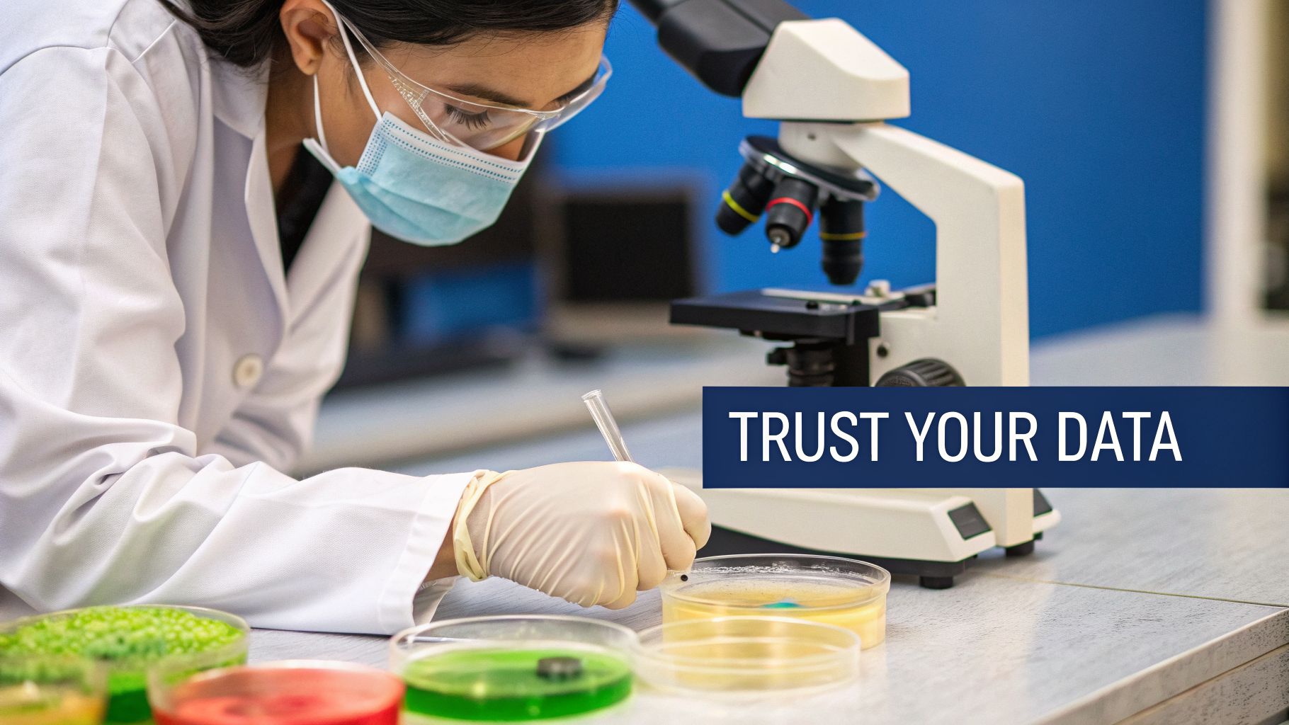 A scientist in a lab coat, mask, and goggles works with a test tube and petri dishes.