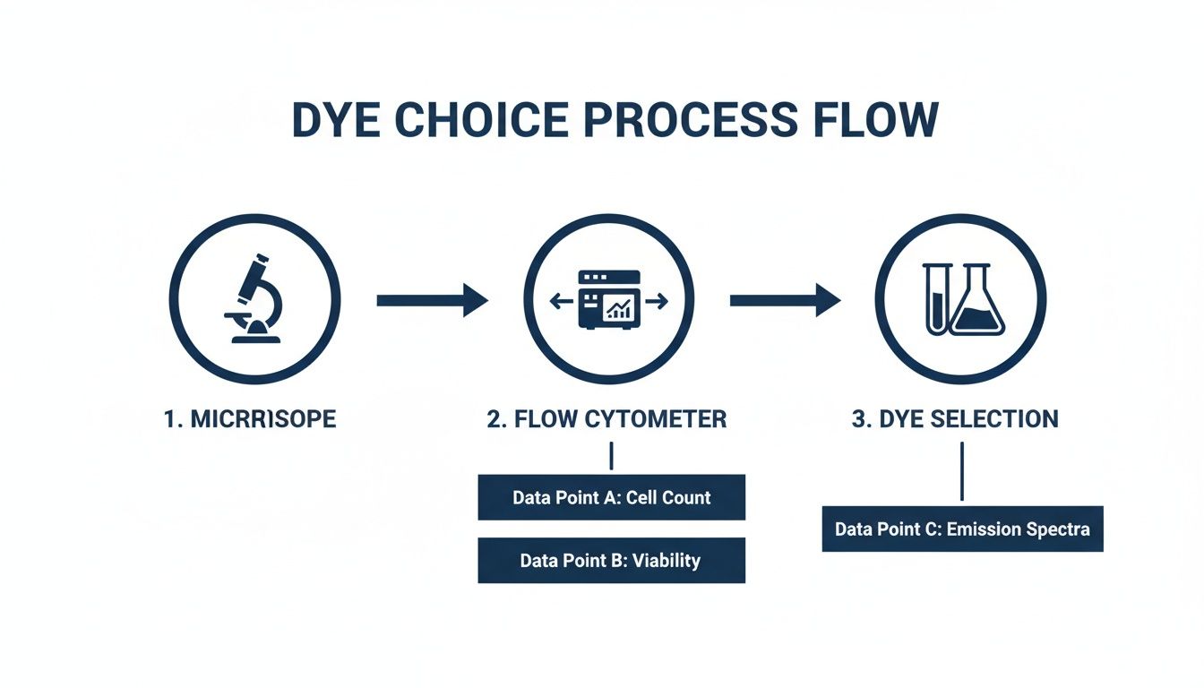 Flow chart detailing dye selection process: microscopy, flow cytometry measuring cell count and viability, and emission spectra.