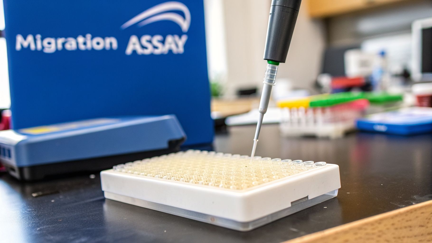 A lab technician pipetting samples into a multi-well plate during a migration assay experiment.