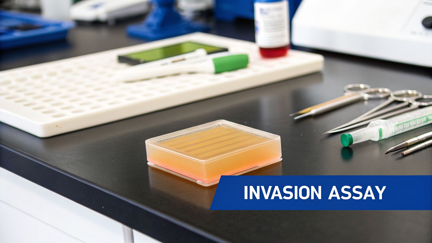 Lab bench with a cell culture invasion assay kit, surgical tools, and various laboratory equipment.