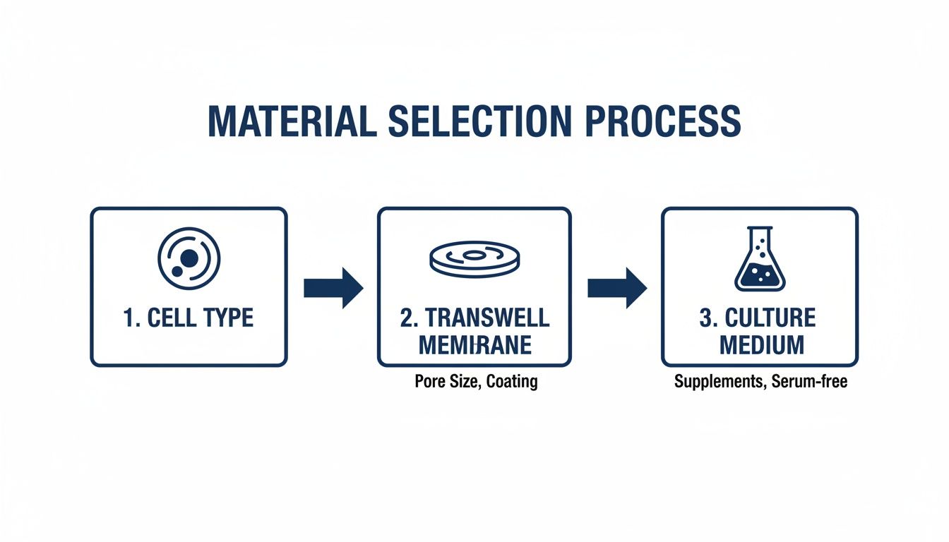Diagram illustrating the material selection process for cell culture: cell type, transwell membrane, and culture medium.