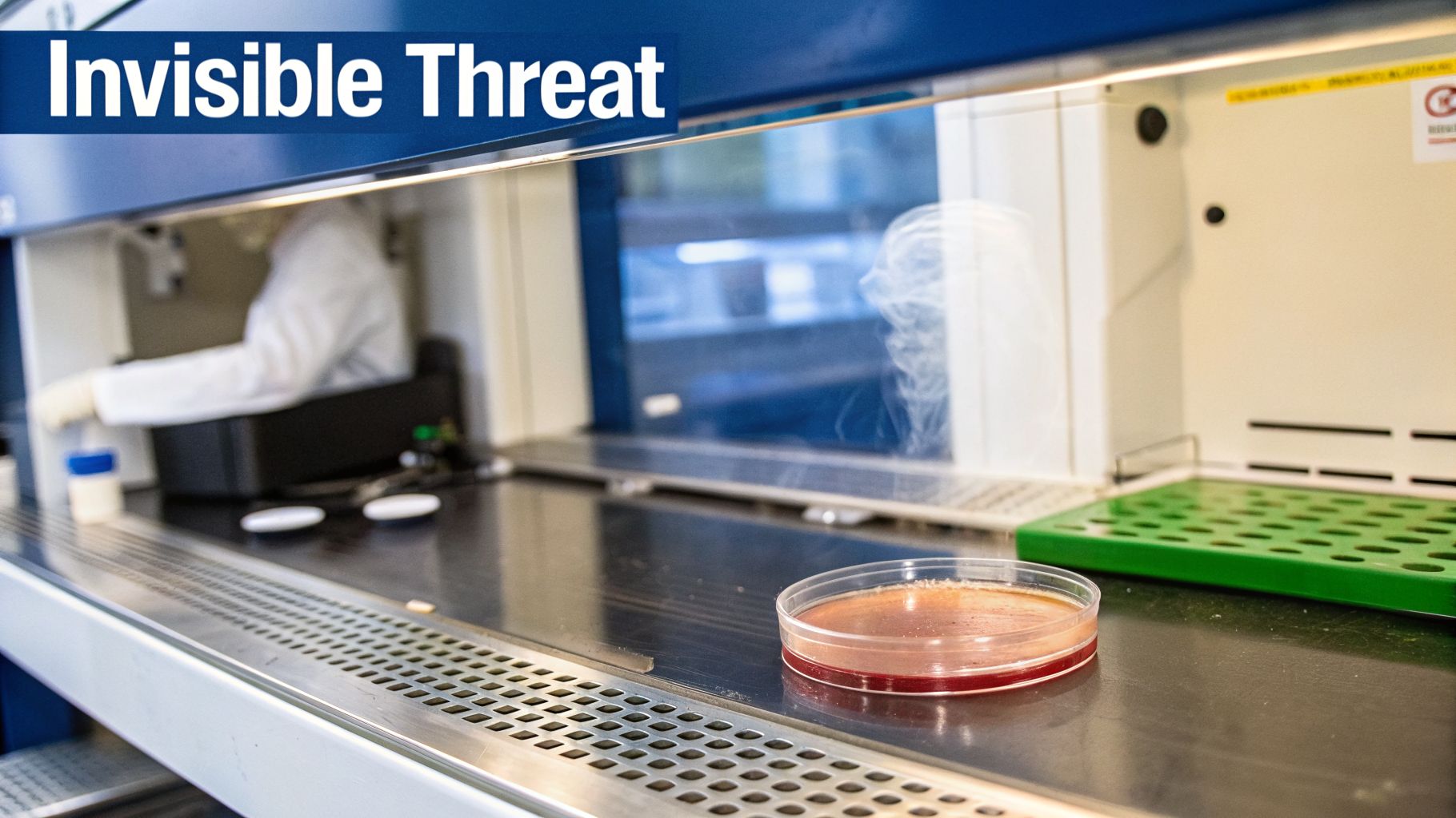 Invisible Threat text above a lab technician working in a biosafety cabinet with a petri dish.