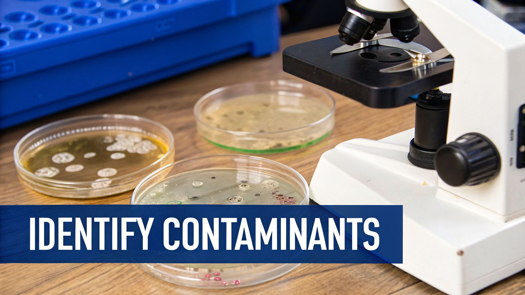 A laboratory setup with a microscope and multiple petri dishes showing microbial growth, for identifying contaminants.