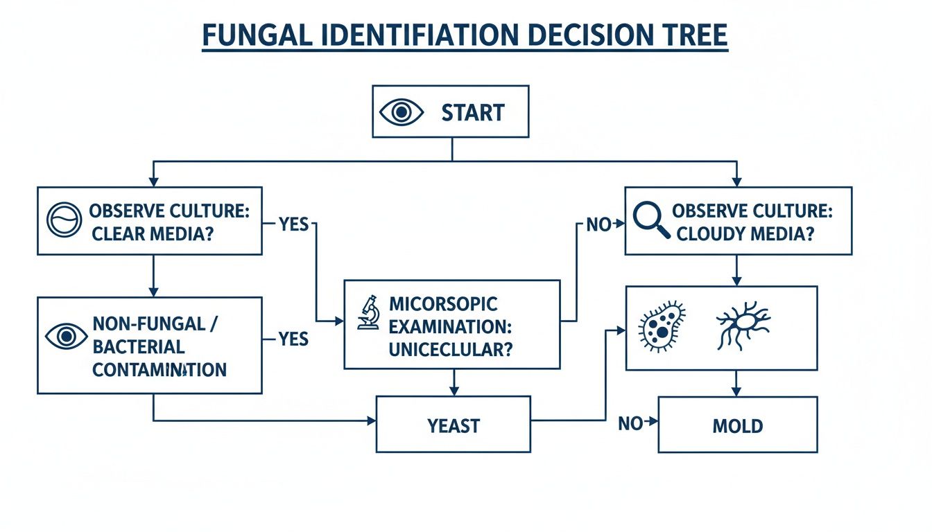 A Fungal Identification Decision Tree flowchart for cell culture, detailing steps to identify yeast, mold, or bacterial contamination.
