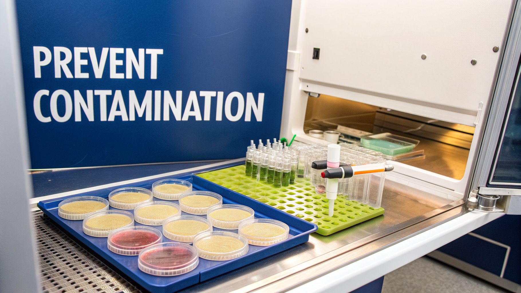 A laboratory bench with petri dishes and test tubes under a "PREVENT CONTAMINATION" sign in a lab.