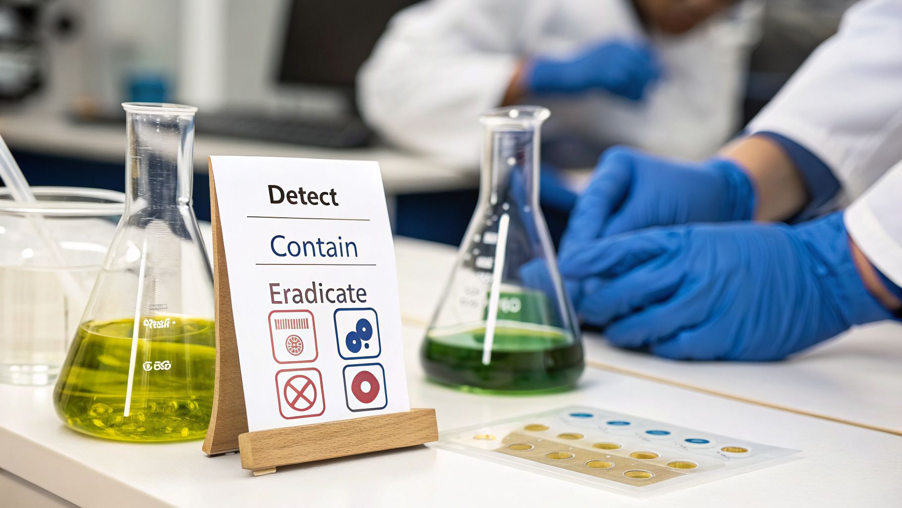 Lab scene with flasks, colored liquids, and a 'Detect Contain Eradicate' sign, researchers working.