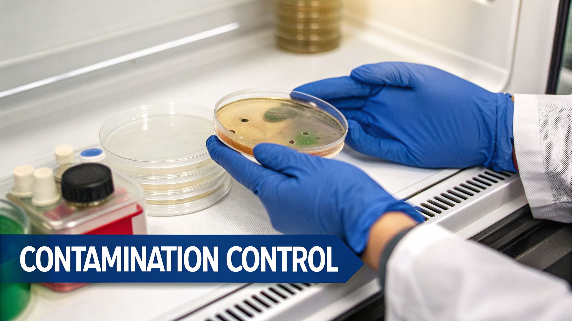 A scientist in blue gloves holds a petri dish showing microbial contamination in a lab.