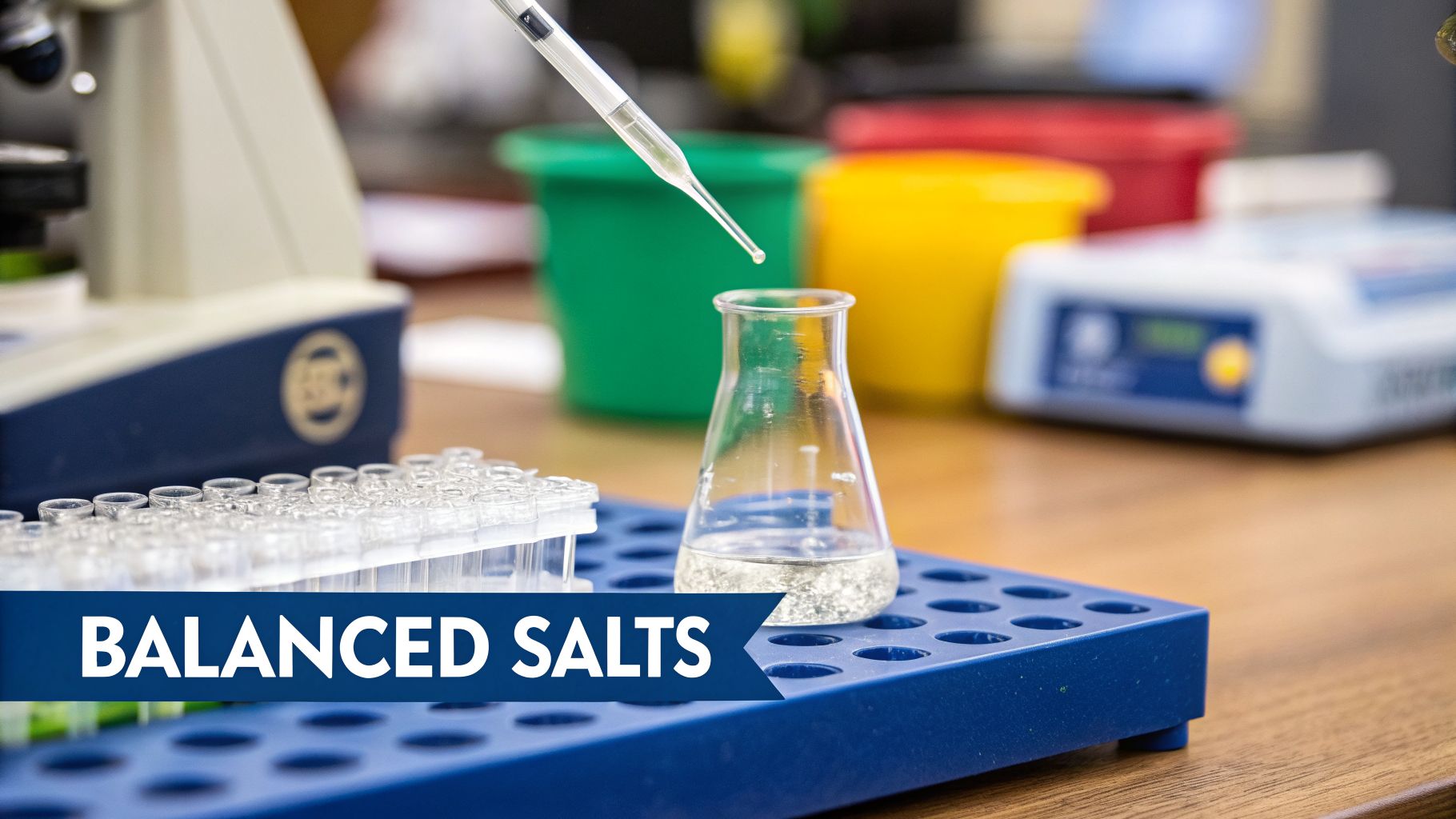 A pipette dispenses liquid into a flask on a lab bench with test tubes, a microscope, and instruments.