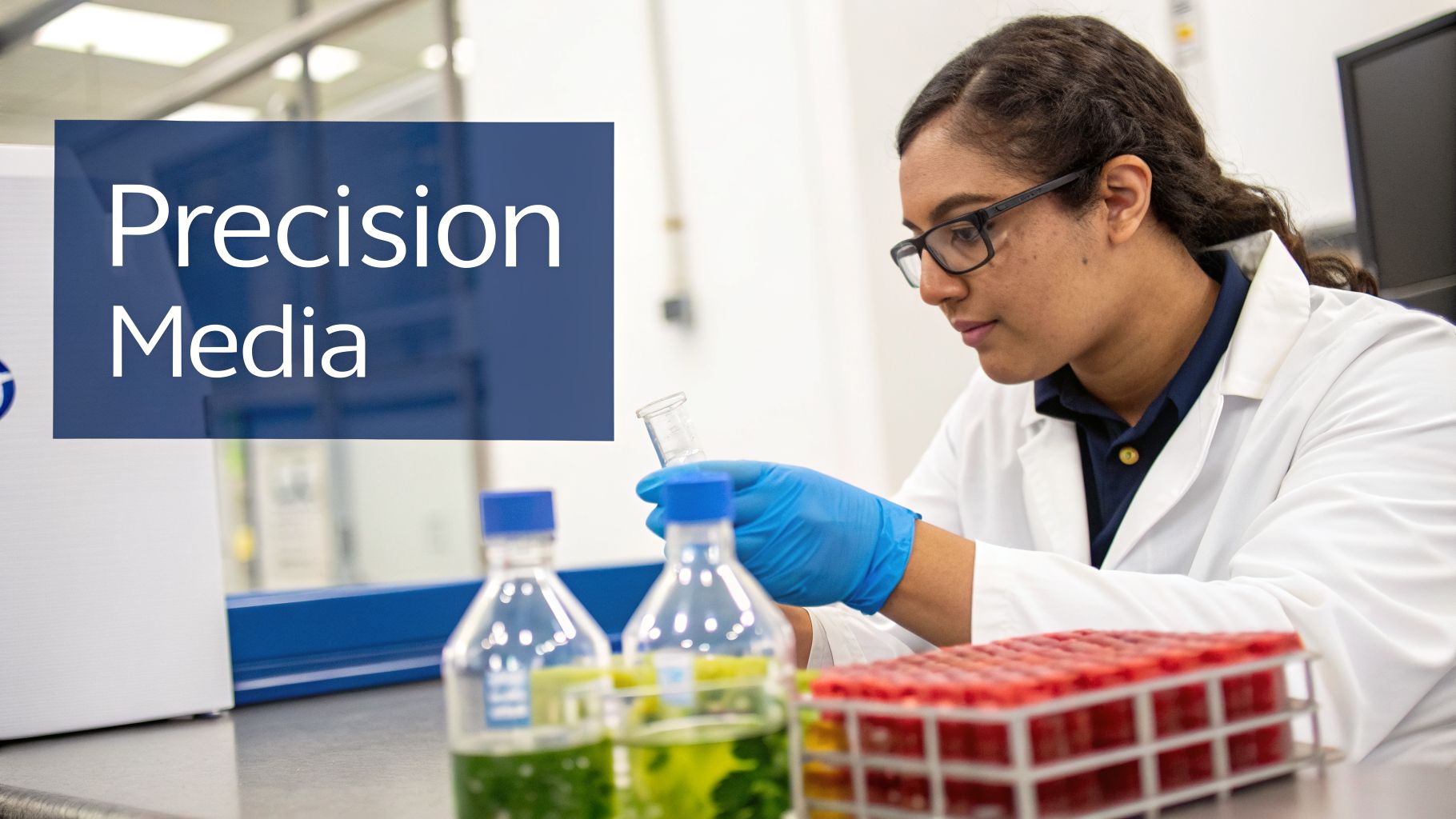 A scientist in a lab coat and blue gloves examines a flask, with a 'Precision Media' overlay.