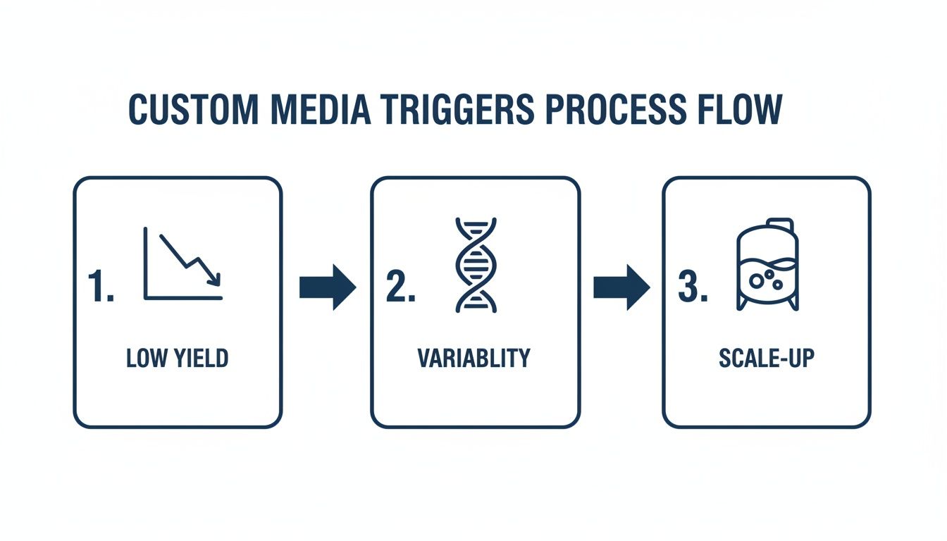 A process flow diagram illustrating custom media triggers for biomanufacturing: Low Yield, Variability, and Scale-up stages.