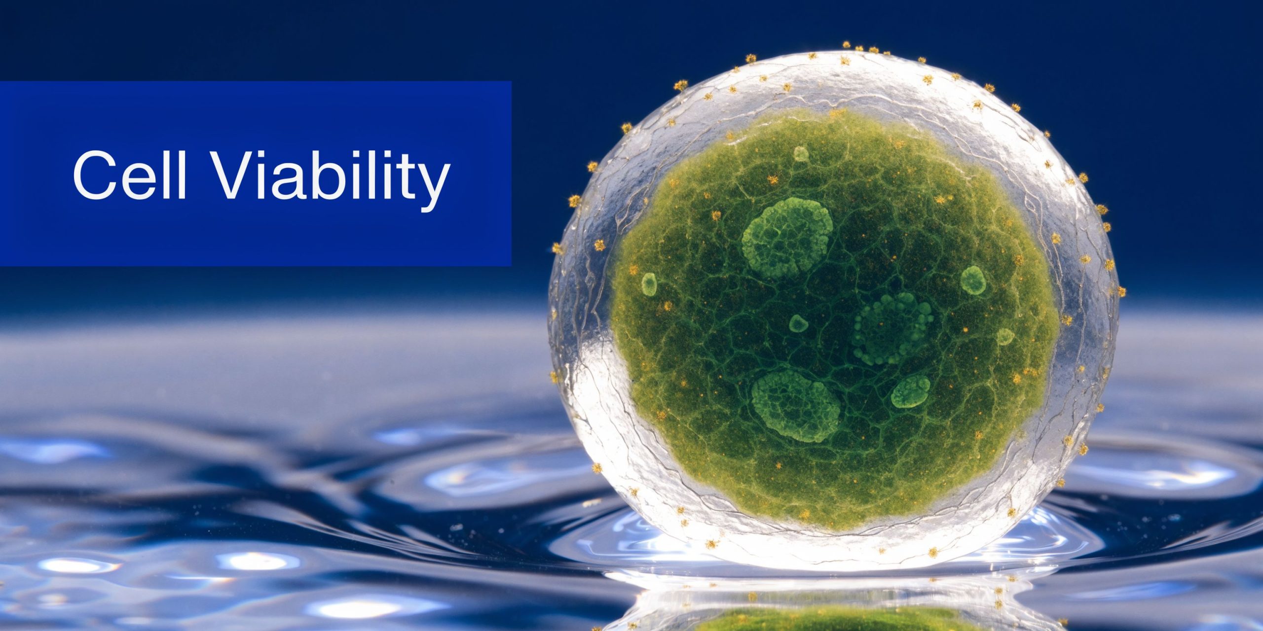 A microscopic view of a vibrant green cell resting on a rippling water surface, titled Cell Viability.