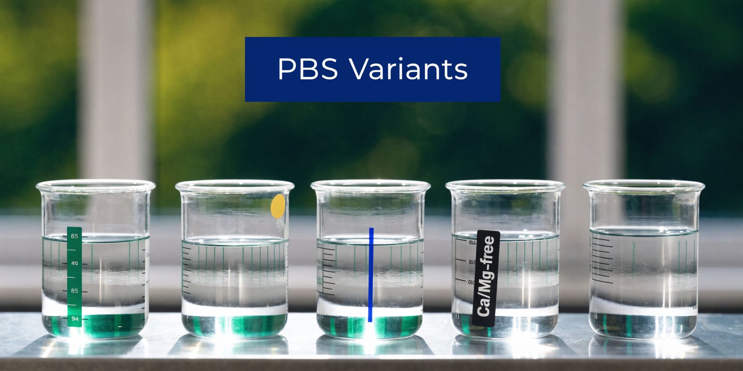 A row of five laboratory beakers filled with clear PBS variant solutions sitting on a lab bench.