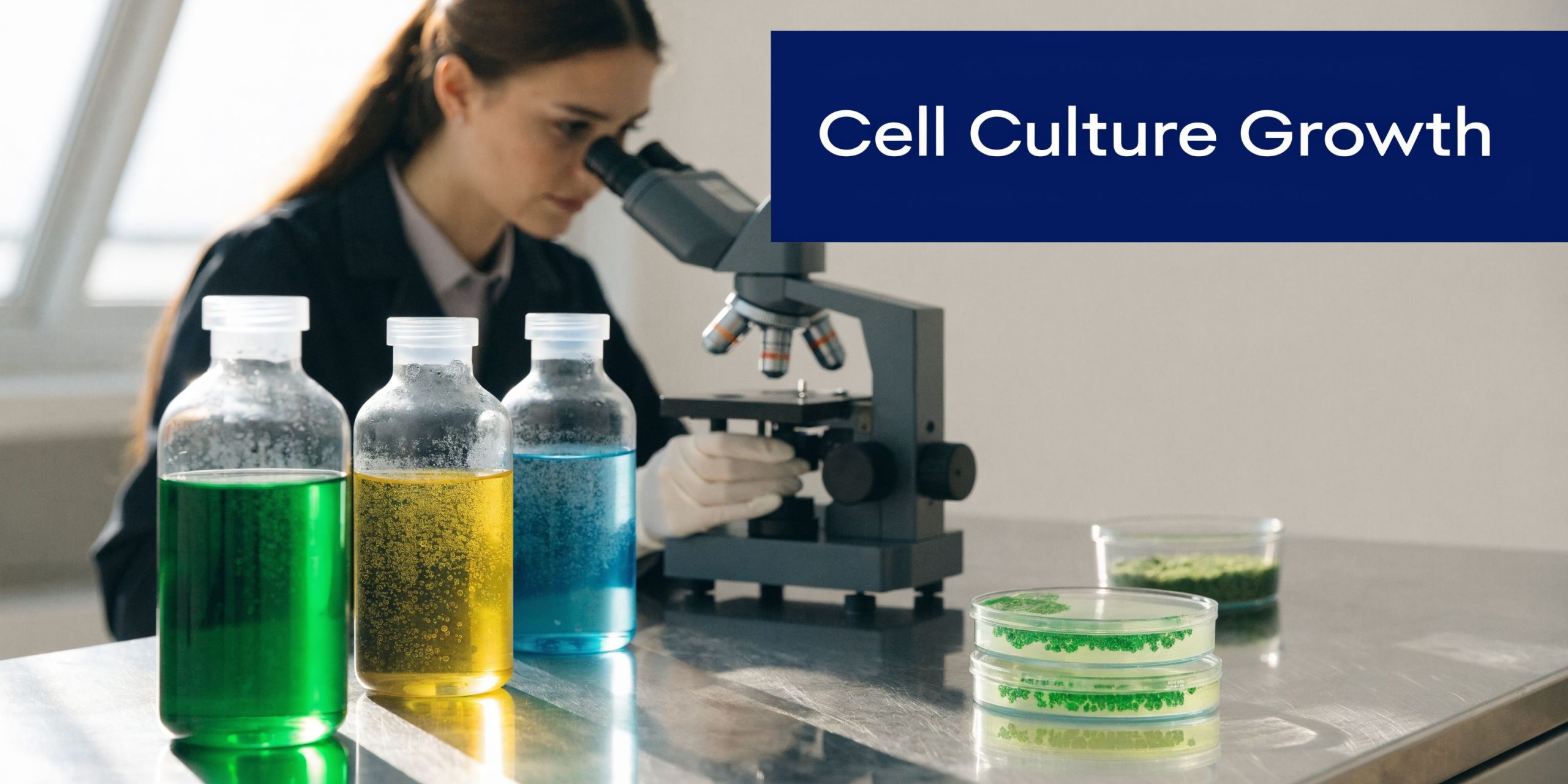 A scientist examines petri dishes and chemical samples in a laboratory setting for cell culture growth study.