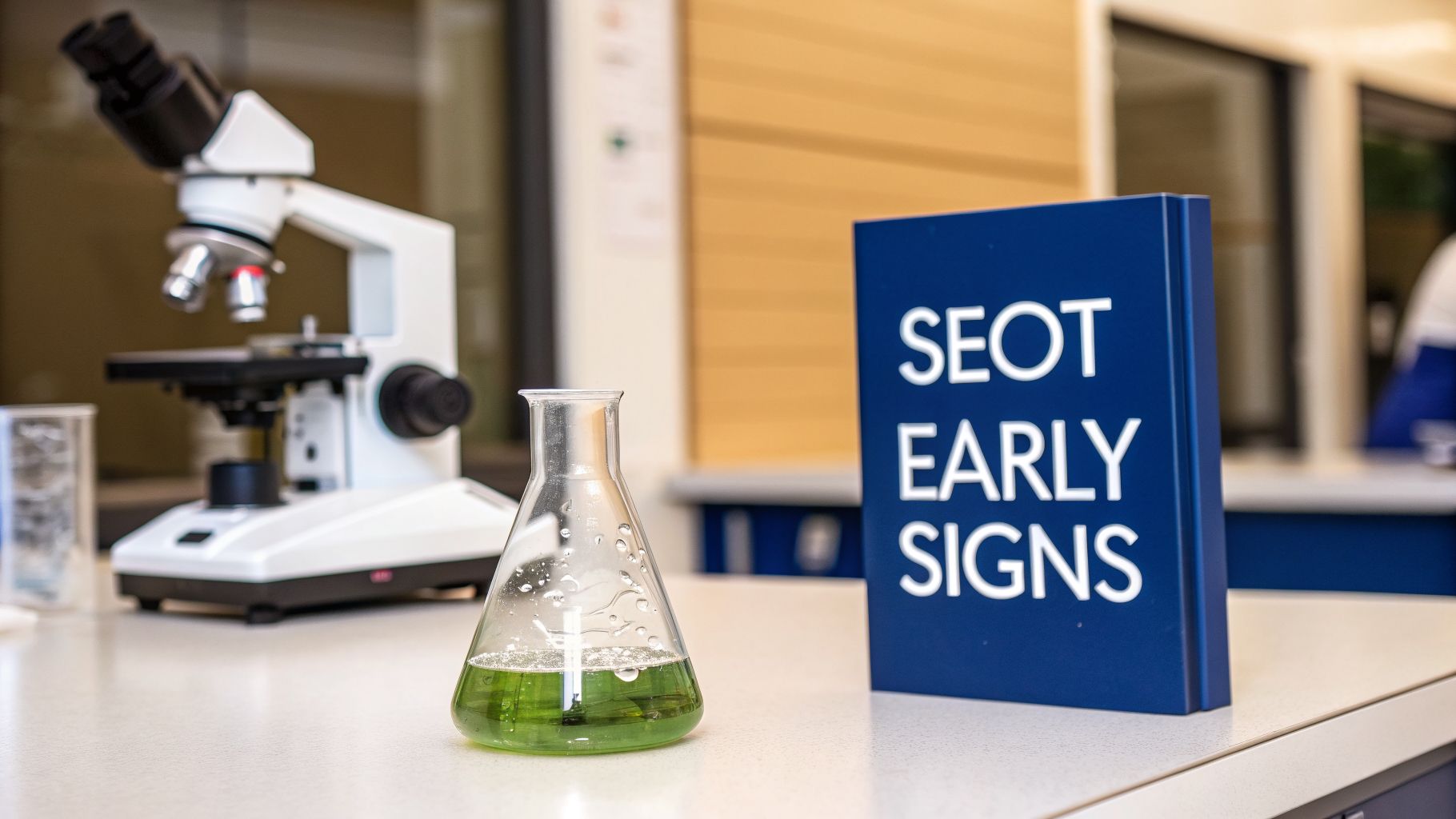 A laboratory setup featuring a white microscope, an Erlenmeyer flask with green liquid, and a blue 'SEOT EARLY SIGNS' sign.