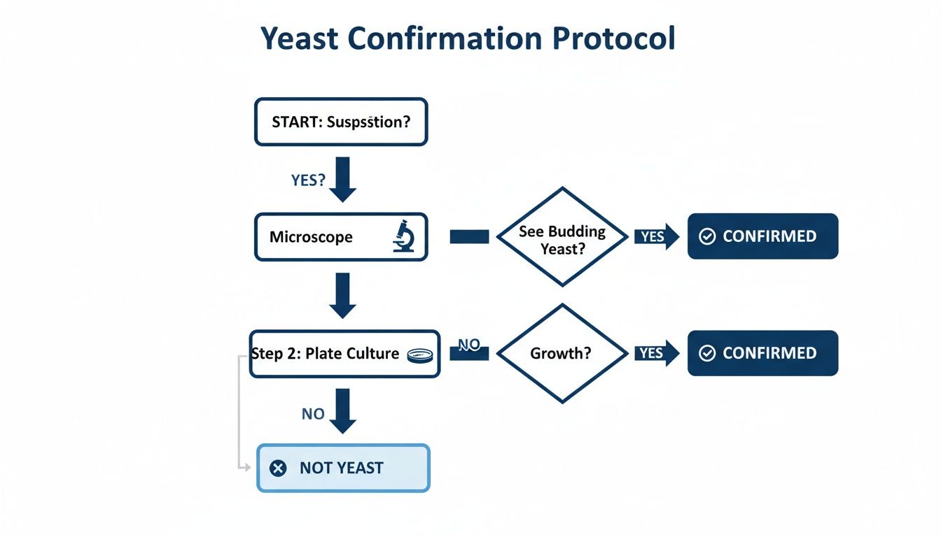 Flowchart detailing a yeast confirmation protocol, including steps for microscopy and plate culture analysis.